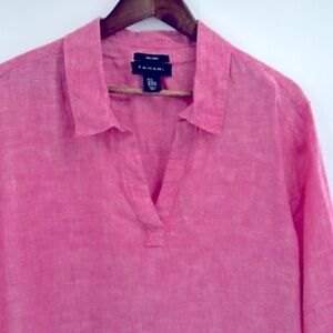 Tahari 100% Linen Button Front Top Size Small Fuchsia Pink